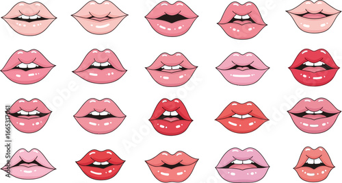 Collection of vibrant, glossy lips in various shades of pink and red, expressing beauty and allure.