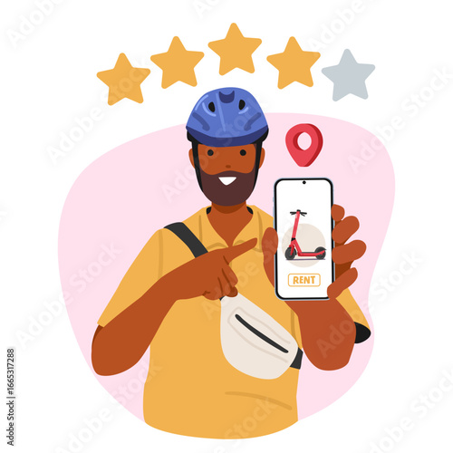 Electric scooter rental service user giving mobile app good rating showing phone screen to customers