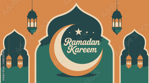A ramadan kareem illustration with a crescent moon, star, lanterns, and islamic archways in orange and teal