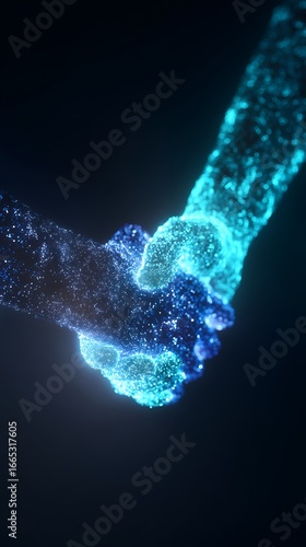 Digital handshake technology connection partnership agreement collaboration innovation futuristic hands glow effect