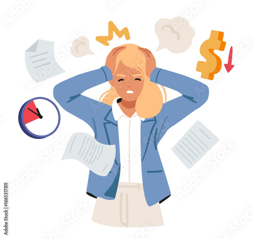 Young businesswoman holding head feeling chaos in thoughts due to unproductive time management