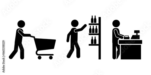 Black stickman shopping icons showing supermarket activities, person pushing cart, choosing products from shelves, and cashier checkout, minimal vector silhouette for retail, shopping, and business co