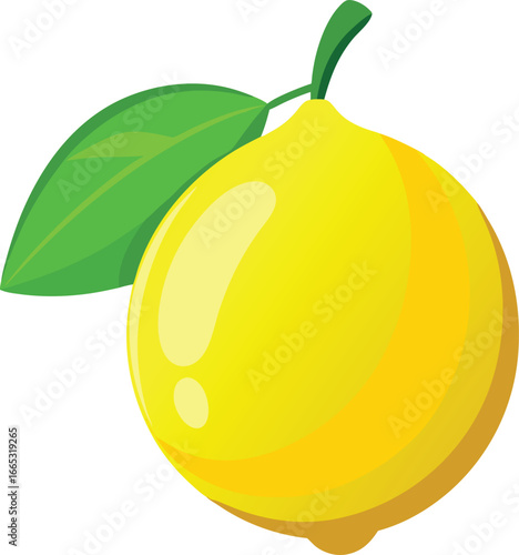 Bright yellow lemon with green leaf and stem