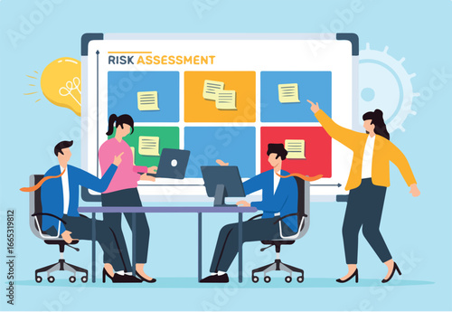 Vector illustration of business team conducting risk assessment with sticky notes on whiteboard mitigation planning