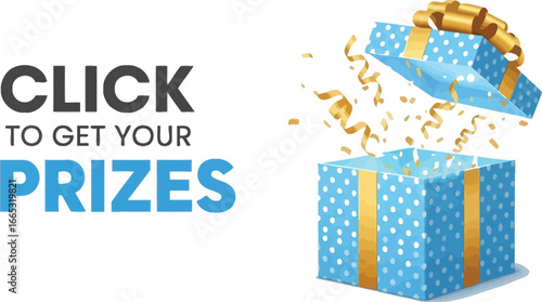 Exciting blue gift box opens with golden confetti, inviting to win prizes