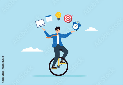 Flat illustration of skillful businessman riding unicycle while juggling laptop calendar idea email bullseye alarm clock productivity and multitasking