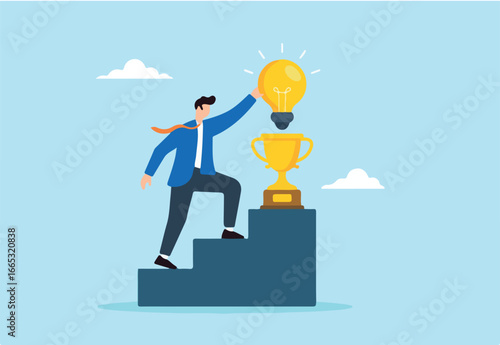Flat illustration of businessman placing glowing lightbulb on golden trophy pedestal to celebrate successful innovative problem solving