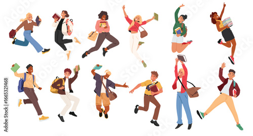 Wallpaper Mural Joyful teenage student cartoon characters jumping in air rejoicing cheering having positive emotion Torontodigital.ca