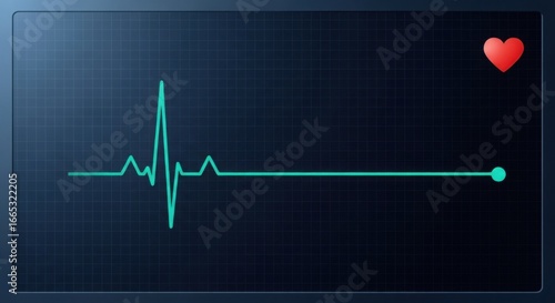 A medical monitor displaying a heart rate with a flat line and a red heart icon in the corner