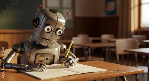 Robot student diligently writing in a notebook with a pencil in a classroom setting