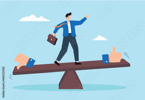 Flat illustration of businessman balances on seesaw with thumb up and down evaluating merit demerit advantage disadvantage in comparison performance