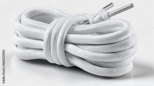 Coiled white shoelace with silver aglets