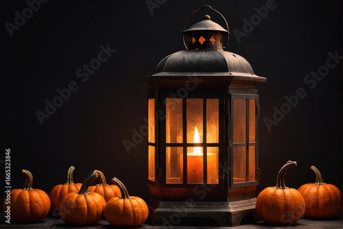 Vintage lantern with candle light surrounded by small pumpkins on dark background.