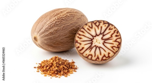 Whole and ground nutmeg isolated on white background