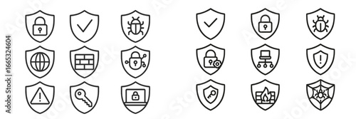 Collection of security icons displayed in a grid format showing various symbols representing protection and safety