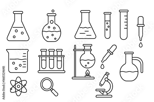 Laboratory equipment and scientific instruments arranged in a pattern showcasing various glassware and tools for experiments