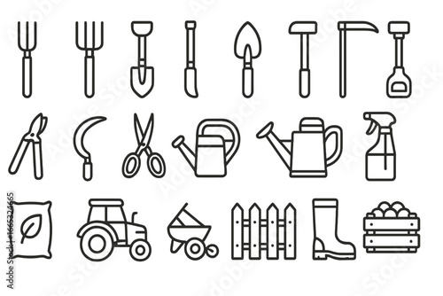 Collection of gardening tools and equipment displayed on a simple background in black and white line art