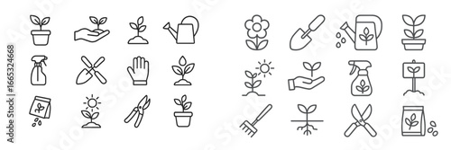 Simple gardening icons for plant care, including watering, pruning, and planting activities