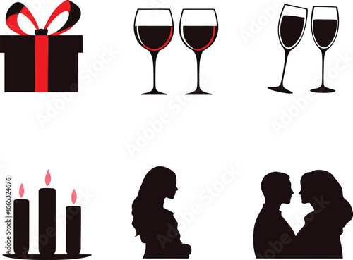 Romantic valentine's day vector illustration with gift wine candles and couple silhouettes for design 14 february