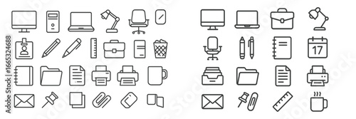 Office supplies and equipment arranged on a workspace, illustrating productivity tools for a modern office setting