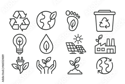Eco-friendly symbols representing sustainability, recycling, and green energy initiatives in a modern design layout