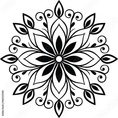 Black and White Intricate Floral Mandala Design with Swirls and Petals vector illustration