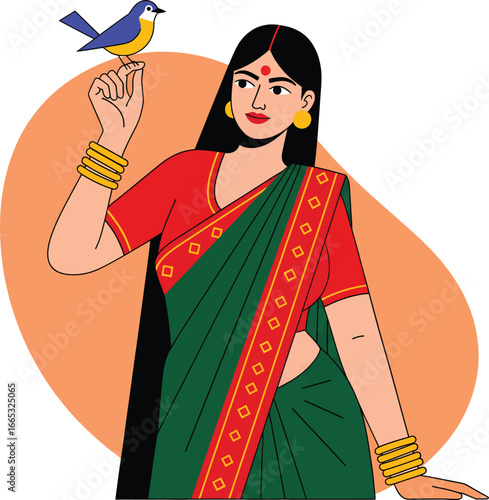 Beautiful Traditional Indian Woman in Sari Holding a Bird