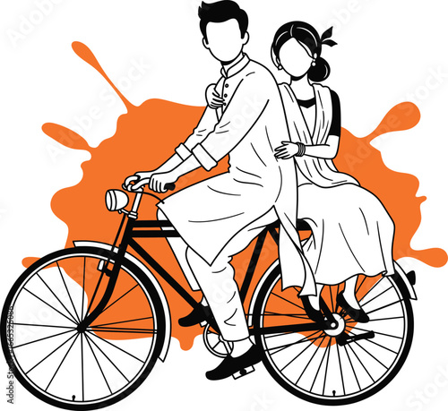  Minimalist Line Art of a Couple in Traditional Attire Riding a Bicycle