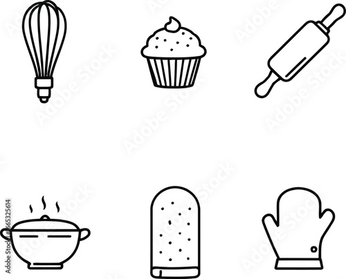 Cooking baking kitchen tools vector icon set whisk cupcake rolling pin pot oven mitt outline illustration