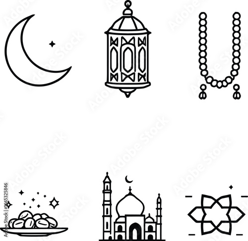 Ramadan kareem eid mubarak islamic muslim vector icons set outline drawing illustration design template