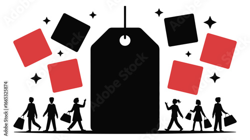 Black tag with shoppers and floating squares representing sale and discount promotion concept design