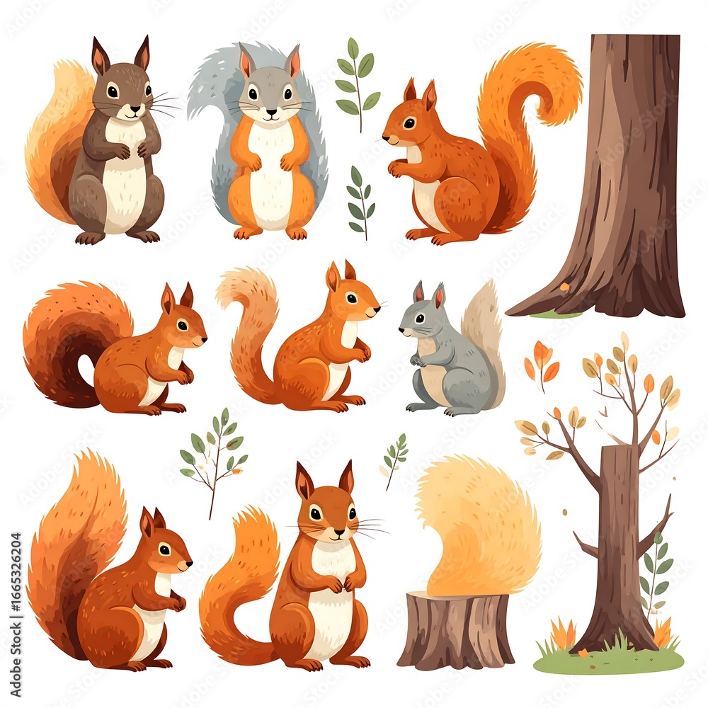 Fototapeta premium Cute squirrel illustrations in autumnal setting
