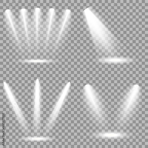 White projector scene with rays, vector illustration Spotlight on dark wall, realistic soft concert light on abstract stage png. Scene floodlight spotlight stage beam. Bright lighting with spotlights.