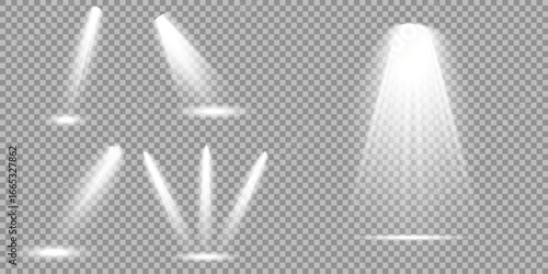 White projector scene with rays, vector illustration Spotlight on dark wall, realistic soft concert light on abstract stage png. Scene floodlight spotlight stage beam. Bright lighting with spotlights.