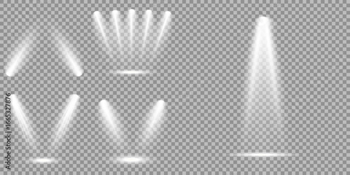 White projector scene with rays, vector illustration Spotlight on dark wall, realistic soft concert light on abstract stage png. Scene floodlight spotlight stage beam. Bright lighting with spotlights.