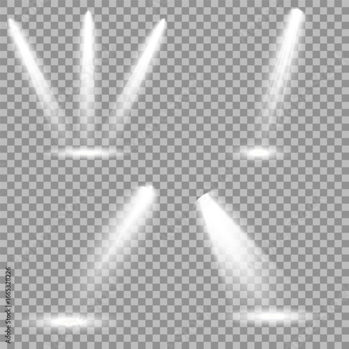Spotlight on dark wall, realistic soft concert light on abstract stage png. Realistic light source set on transparent bg with reflection on floor. Scene floodlight spotlight stage beam. Lighted scene.