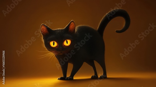 A cartoon black cat with glowing yellow eyes stands alert on a yellow background with its tail up