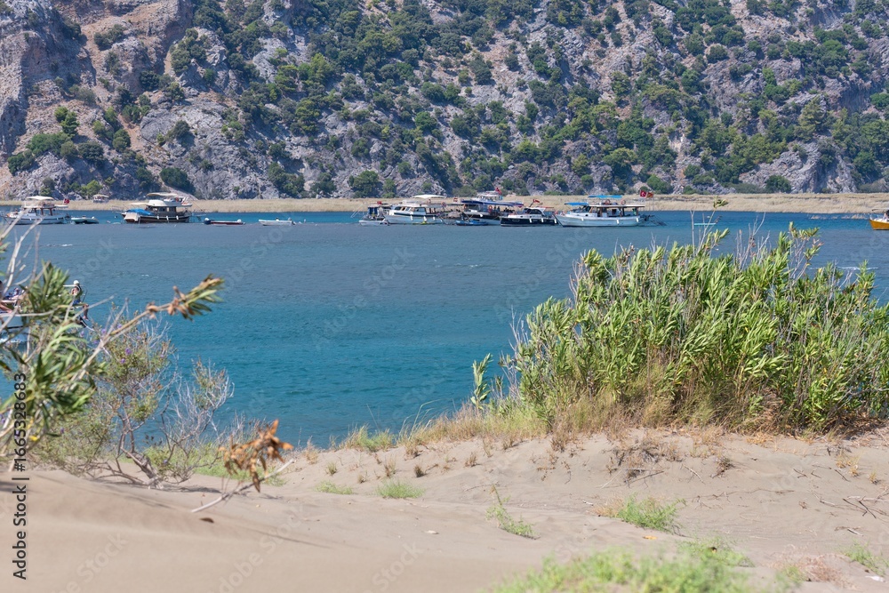 Obraz premium A landscape image showing calm waters near a mountain. There is vegetation in the foreground, with possible fish farms visible on the water on Turtle Beach - Dalyan Delta - Dalyan - Mugla - Turkey