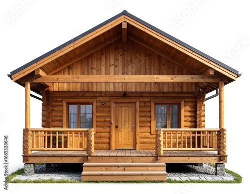 Front view of a small log cabin