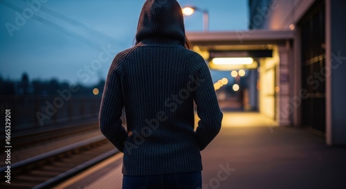 Female in hoodie at train station platform during dusk
