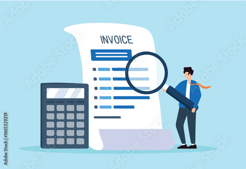 Flat illustration of businessman holds magnifying glass on invoice document managing total amounts and finance calculations