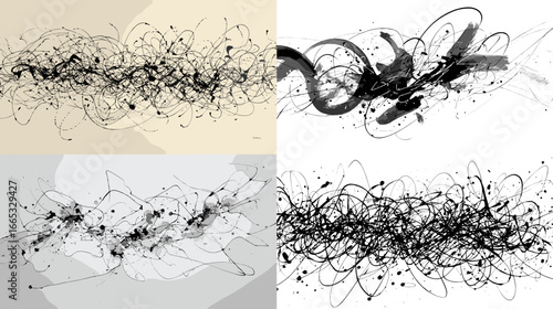 Dynamic abstract illustration of black ink lines and splashes. Modern chaotic design perfect for backgrounds, contemporary art, and creative graphic projects.