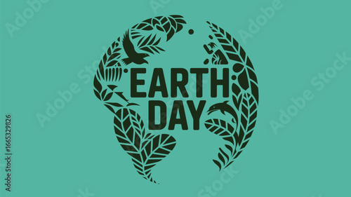 Earth day logo with plants bird and dolphin in green and black on a teal background for environmental awareness