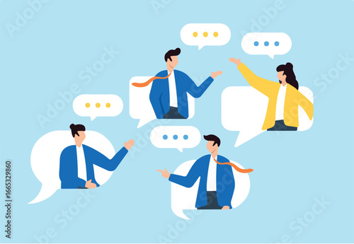 Business people engage in conversation with speech bubbles