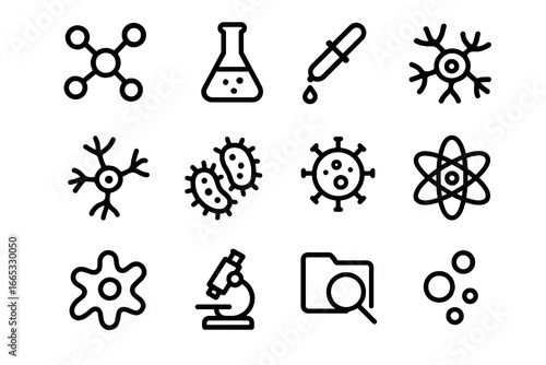 Set of 12 black biology and laboratory icons in flat vector style with white background, ideal for apps, education tools, and medical research.