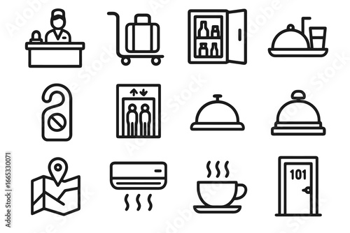 Set of 12 black hotel service and amenities icons in flat vector style with white background, ideal for booking apps, websites, and tourism design.