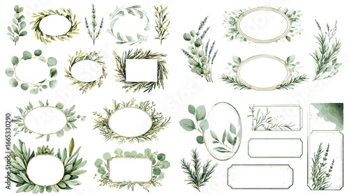 Watercolor frames and labels decorated with green leaves and herbs. Elegant botanical design perfect for invitations, packaging, and wedding stationery projects.