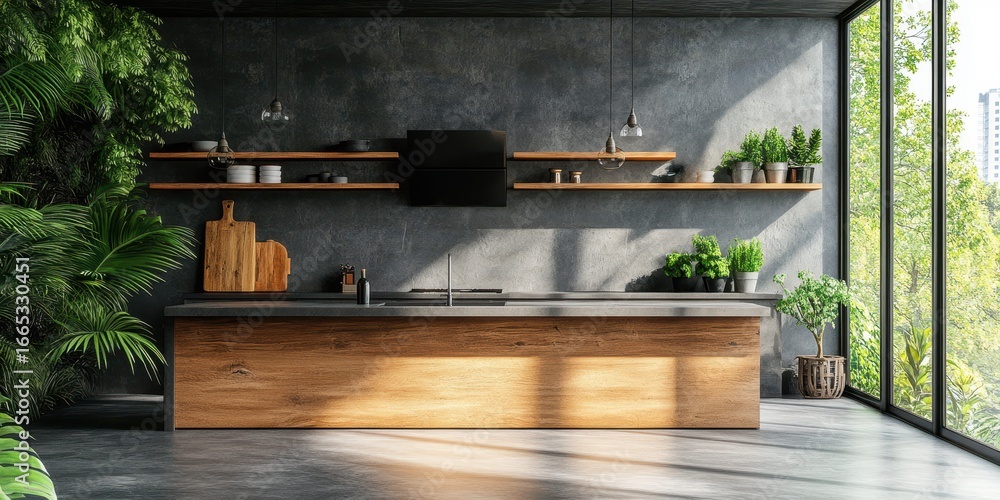 Modern kitchen design featuring wooden elements and greenery with large windows allowing natural light Modern kitchen design featuring wooden elements and greenery with large windows allowing natural light