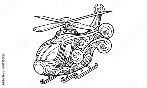 Helicopter t shirt design silhouette and vector line art, detailed high quality illustration, perfect for mindfulness, relaxation, stress relief, adult coloring books, printable artwork.
