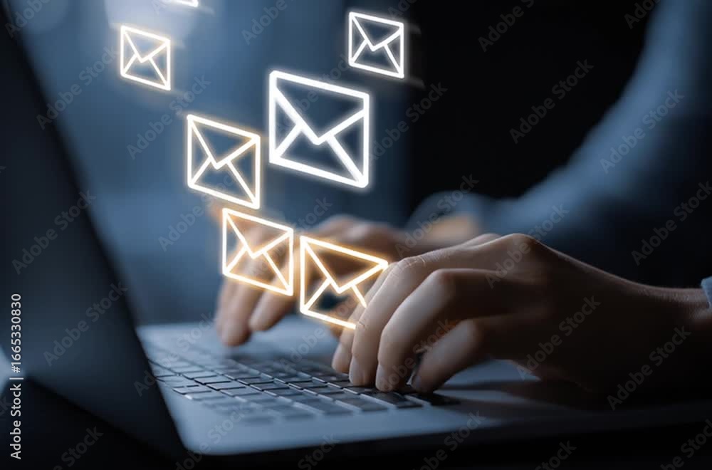 Manos tecleando en laptop portátil con iconos de correo electrónico flotando, concepto de comunicación digital y productividad